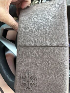 Tory Burch Taupe Pebbled Leather Card Holder with Embossed Logo